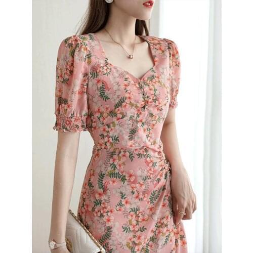 French gentle wind broken flower square collar split length 2021 summer new waist slim Short Sleeve Dress Summer