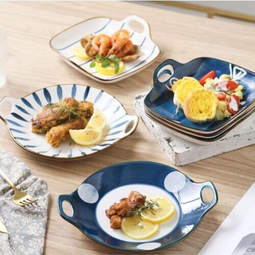 2 PCS Japanese-style hand-painted ceramic dinner plates Square round double-ear plate household food plate Western food plate