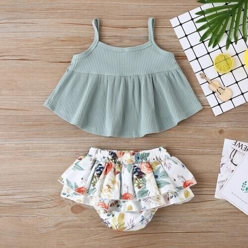 2PCS/Set Baby Girls Clothes Cotton Off-Shoulder Tank Top+Floral Print Ruffle Shorts Set Outfits for Summer Beach Wear