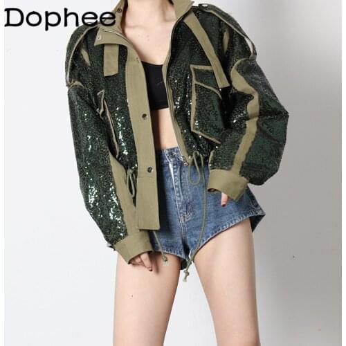 2021 Spring Autumn Fashion Clothes Pocket Stitching Embroidery Sequins Jacket Coats Women Drawstring Hem Long Sleeve Tops Femme