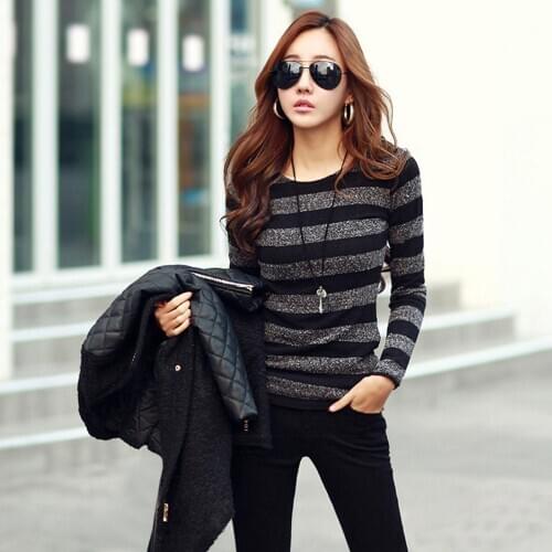 Plus Size Women Low Neck Stripes Long Sleeve Slim Thin Fit Sweater Base Shirt Blouse Top Warm Clothes For Female