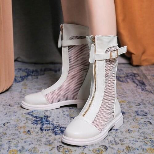 Lucyever Summer Mesh Platform Boots Women Breathable Hollow Out Black Ankle Boots Woman Front Zipper Heels Short Booties Shoes