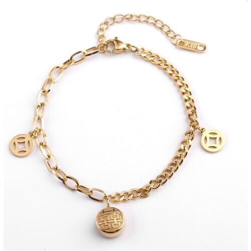 Rose gold plated Stainless steel round coins charms bracelet bangle women, simple woman bracelets bangles fashion jewelry