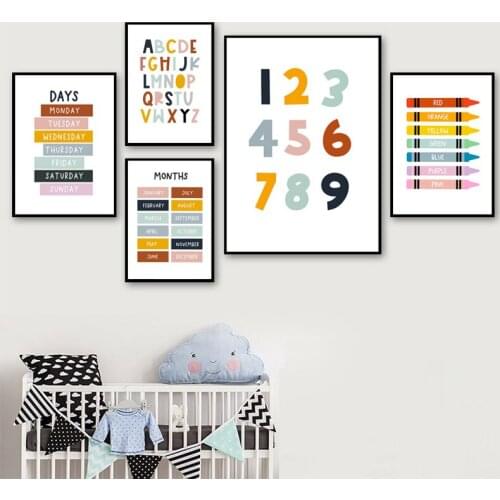 Nursery Numbers Alphabet Wall Art Kids Education Canvas Painting Months Color Poster and Print Pictures for Baby Room Home Decor