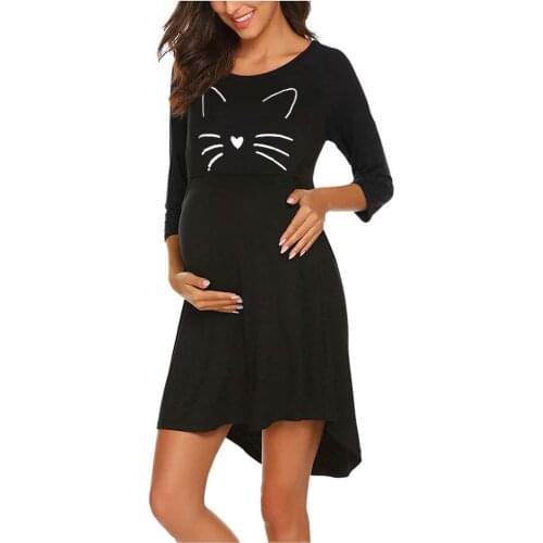 Nursing Maternity Nightdress Printed Cute Cat Black Pregnancy Breast Feeding Baby Sleepwear For Women Pregnant Homewear Clothes