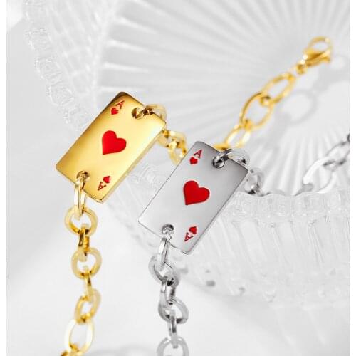 Stainless Steel Delicate Poker Card Black Red Ace Of Hearts A Bracelet Bangle Jewelry Gift For Him Men Chain Link Punk Rock