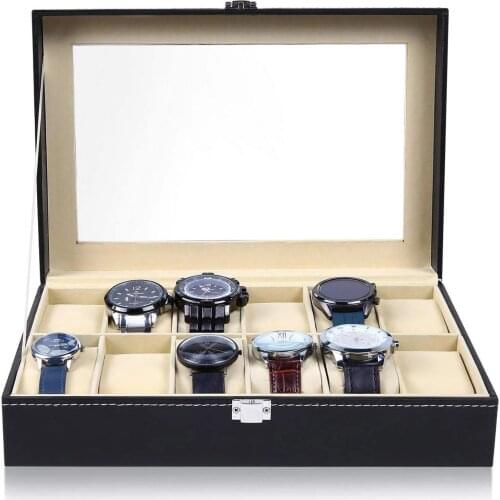 6/10/12 Slot Leather Watch Box Display Case Organizer Glass Jewelry Storage for Men & Women Metal Buckle Black