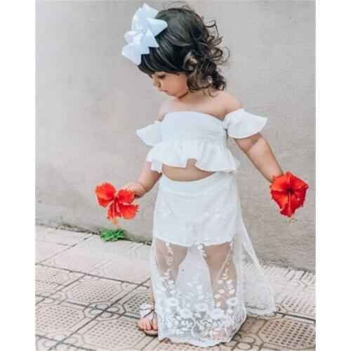 PUDCOCO Hot Toddler Kid Girls Clothes One-Shoulder Off-the-Shoulder Lace Top Solid Color Lace Pants Clothing Skirt Dress 1-6T
