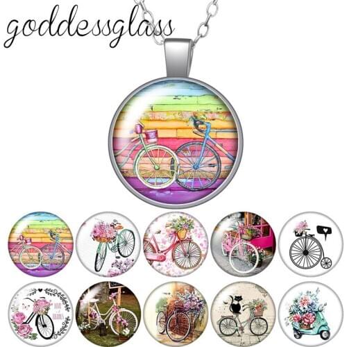 Fashion bicycle bike Love travel Round Glass glass cabochon silver plated/Crystal pendant necklace jewelry for Gift