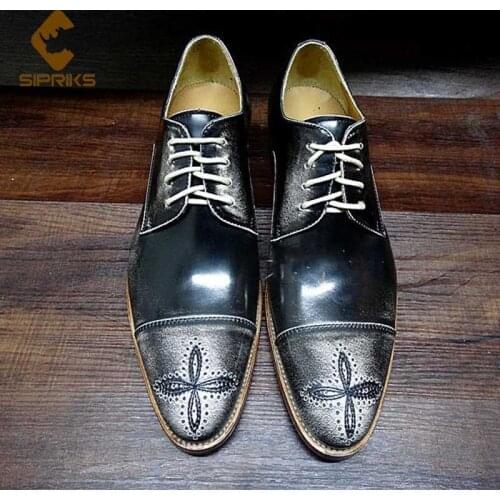 Sipriks Luxury Brand Handmade Goodyear Welted Shoes Mens Patent Leather Brogues Shoe Two Cap Toe Wedding Derby Flats Retro 45