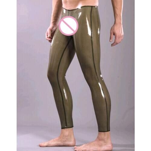 No zipper mens transparent black latex pants with black trims decoration and what is made of 100% natural & real natural latex