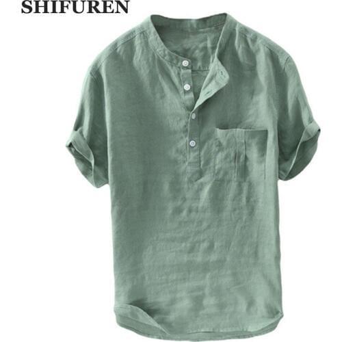 SHIFUREN Summer Causal Men Pure Linen Shirts Short Sleeve Mandarin Collar Soft Breathable Male Shirts With Pocket Size M-2XL
