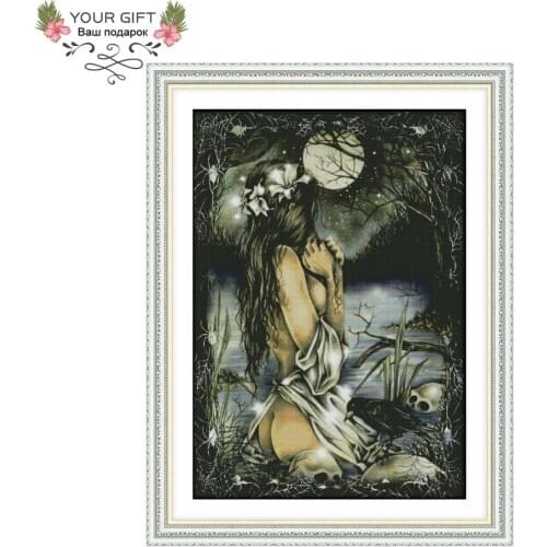 Joy Sunday RA149 14CT 11CT Counted and Stamped Home Decor Women And The Full Moon Needlepoint Embroidery DIY Cross Stitch kits