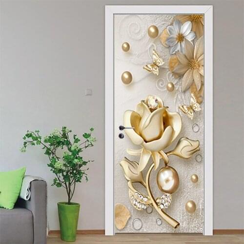 Door Mural 3D Golden Flower Door Sticker Restaurant House Wallpaper Waterproof Self-adhesive PVC Removable Art Decoration Poster