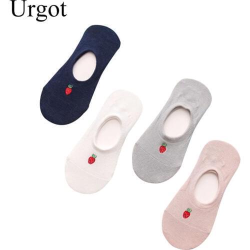 Urgot 4 Pairs Womens Socks Cute Strawberry Embroidered Female Sock Fashion Candy Color Invisible Anti-skid Silicone Boat Socks
