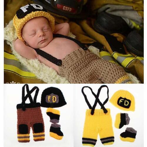 New Character Unisex Cotton Baby Newborn Photography Props Costume Hand Crochet Knit Infant Fireman Hat pants and shoes set