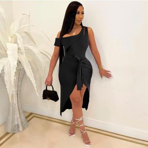 2021 New Arrival Fashion Design Dress Solid Lace One Shoulder Elegant Sexy Bodycon Midi Dress Vestidos