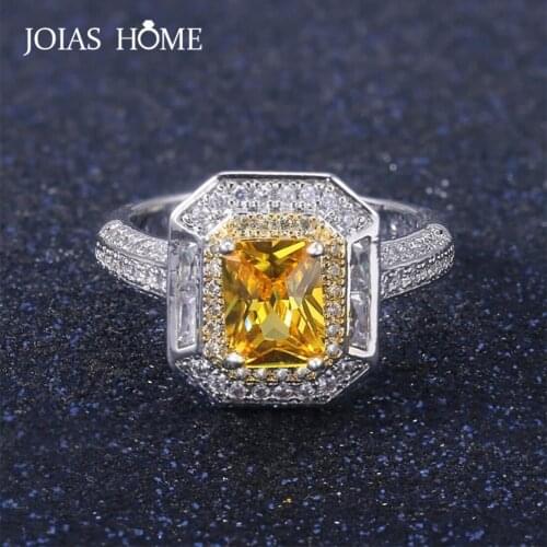 JoiasHome Luxury Womens Ring Silver 925 Jewelry Micro Inlaid Gemstone Princess Square Yellow Zircon Fashion Female Jewelry Gift