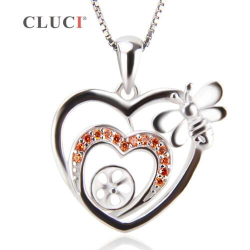 CLUCI 925 Silver Sterling cute bee charms Pendant Mounting double heart with red zircons Jewelry for Women Valentine Day SP216SB