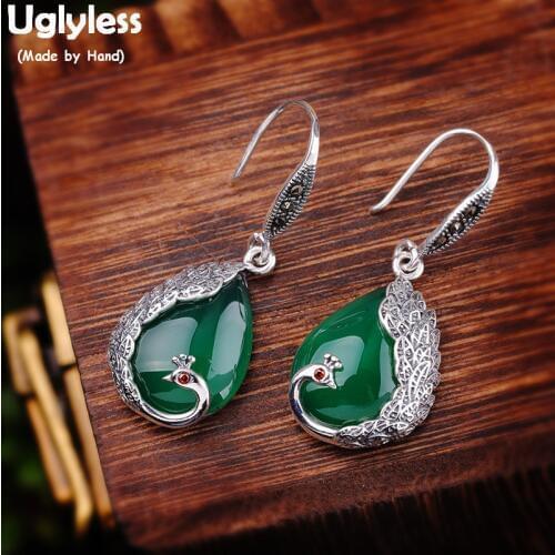 Uglyless Ethnic Thai Silver Phoenix Peacock Earrings Women Water Drop Chalcedony Garnet Earrings Real 925 Silver Brincos E1728