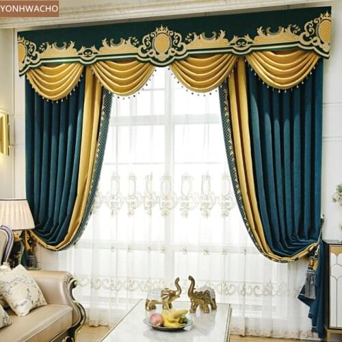 Custom curtain popular simple living room luxury French chenille thick blue cloth blackout curtain valance tulle panel C533