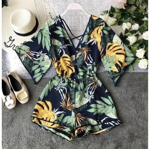 Womens summer deep v neck print Playsuits Ladys fashion high waist Wide leg shorts Jumpsuits TB1311