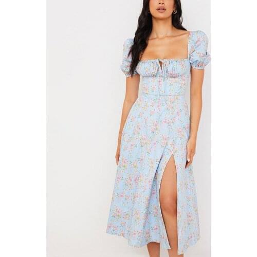 Summer Flower Print Backless Sexy Dress Women Square Neck Slit Puff Sleeve Long Dresses Casual Plus Size Party Dress Robe Femme