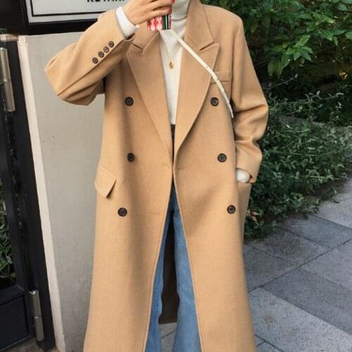 Camel long knee length tweed coat womens right angle shoulder suit collar double row buckle straight tube shows thin