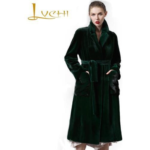 LVCHI Winter 2019 Dark Green Real Mink Fur Coats Womens Coat Full Pelt Causal Sashes Pocket Turn-Down Collar X-Long Mink Coats