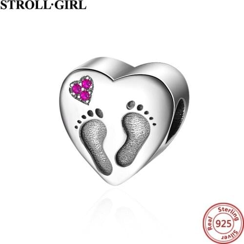 100% 925 Sterling Silver Heart Footprints Charms Beads Fit Authentic European Charm Bracelet Jewelry Making for Gift