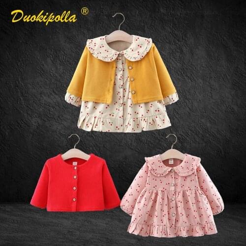 2 Pcs Vintage Girl Floral Dress Cherries Frocks Baby Knitted Cardigan 1 2 3 4 Years Birthday Dress Newborn Christening Dresses