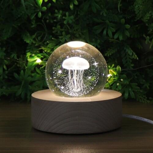 Jellyfish 3D Crystal Ball Night Light Home Bedroom Decor Wooden usb Table Lamp Creative Xmas Gift