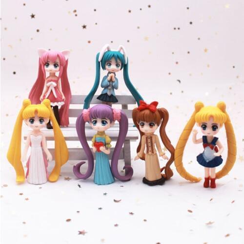 6pcs/set Cartoon Card Q Version Girl Warrior Moon Hare Water Ice Moon Girl PVC Model Dolls Toys