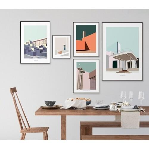 Nordic Style Abstract Geometric Architecture Illustration Poster and Print Wall Art Canvas Painting Picture Modern Studio Decor