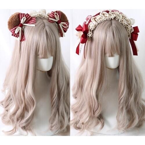Lolita Hair Accessories JK Uniform Headband Wine Red New Year Kawaii Bear Ear Plush KC Lace Bowknot Hairpin Hair Band Cosplay