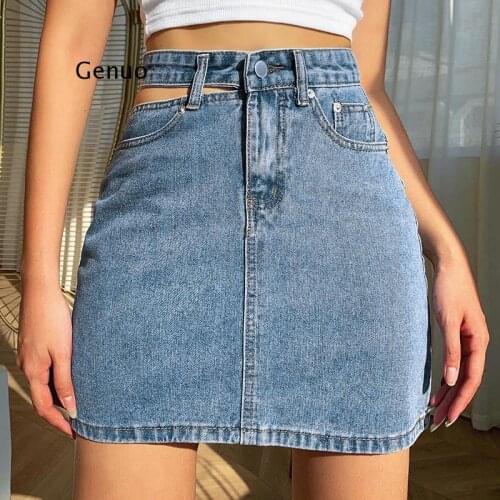 Irregular Cut Out High Waisted Skirts Womens Casual Blue Denim Mini Skirts Ladies Fashion Korean Jeans Short Skirt