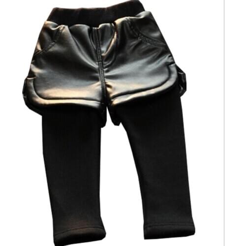 Spring autumn baby girls pants fake two girls leggings long black kids leggings clothes fall pu legging girl