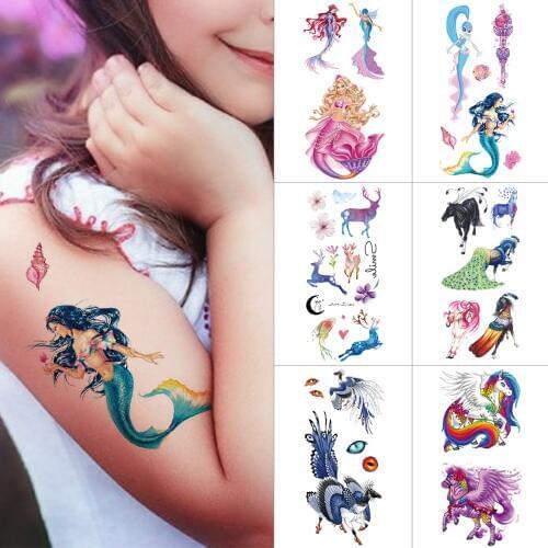 Kids 3d temporary tattoo stickers Mermaid princess Flower Fairy Body tattoo Pony peacock Waterproof Children cartoon tattoo