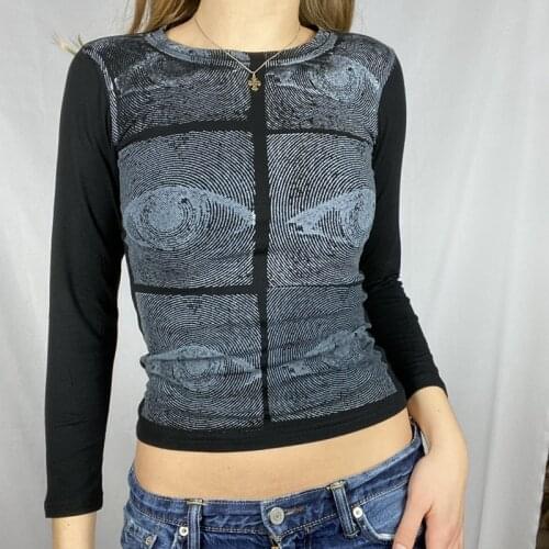 E-girl Gothic Eye Printed Long Sleeve T-shirt Spring Autum Women Harajuku Streetwear Slim Fit Sweats Crop Top 90s Vintage Summer