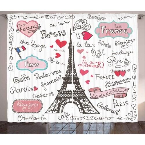 Eiffel Tower Curtains Paris Lettering Heart Shapes Doodle Living Room Decor Curtains Bedroom Window Drapes Curtains for Kitchen