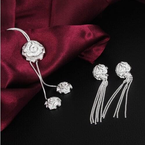 Fine 925 sterling Silver rose flower necklaces earring stud Jewelry set for women fashion Party wedding lady Christmas gifts