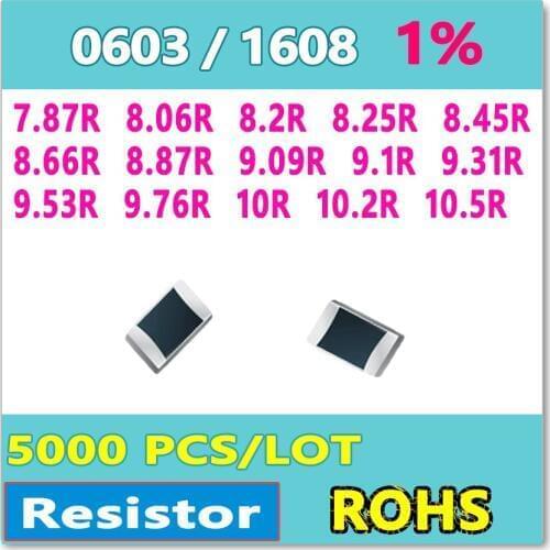 JASNPROSMA OHM 0603 F 1% 5000pcs 7.87R 8.06R 8.2R 8.25R 8.45R 8.66R 8.87R 9.09R 9.1R 9.31R 9.53R 9.76R 10R 10.2R 10.5R smd 1608