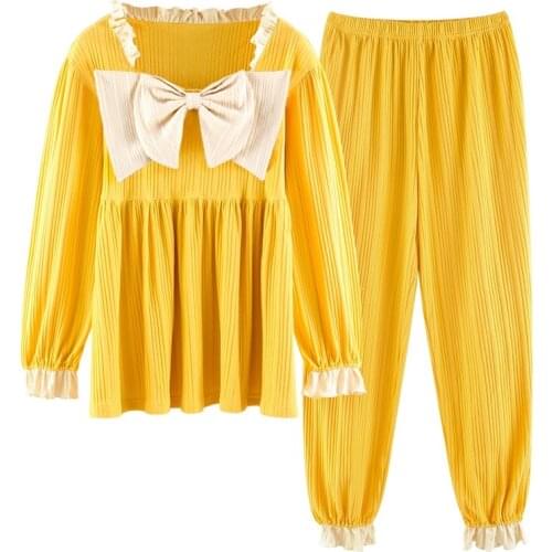 Women Set Long Sleeve Pajamas Set Bow Leisure Wear Women Sleepwear Suit 2Pcs Nightwear for Women Pijama Mujer Long Clothes