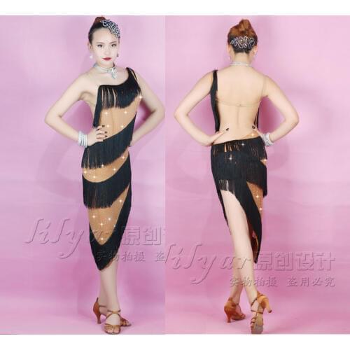 Latin Dance Competition Costume Performance Costume Latin fringe skirt stretch net perspective style streamline design skin