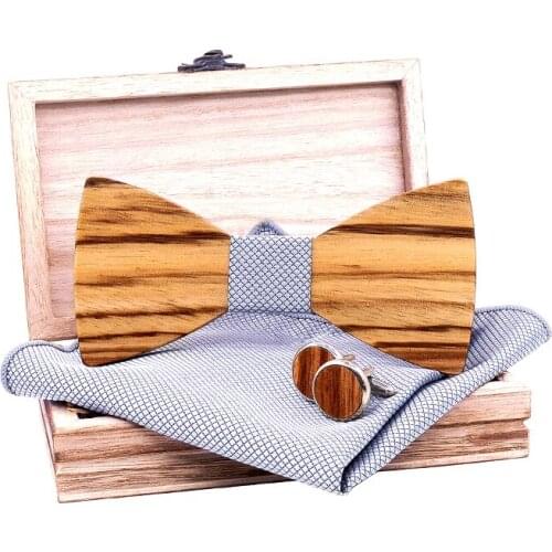 Linbaiway Adult Mens Wooden Bowtie Pocket Square Cufflinks Set Man Wood Bow Ties corbatas Hombre pajarita Accessories Gifts