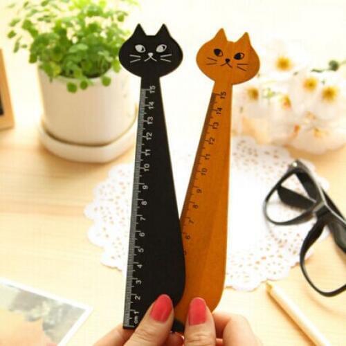 Lovely Cat Shape Ruler Cute Wood Animal Straight Ruler Gift For Kids School Supplies Stationery Black Yellow15cm