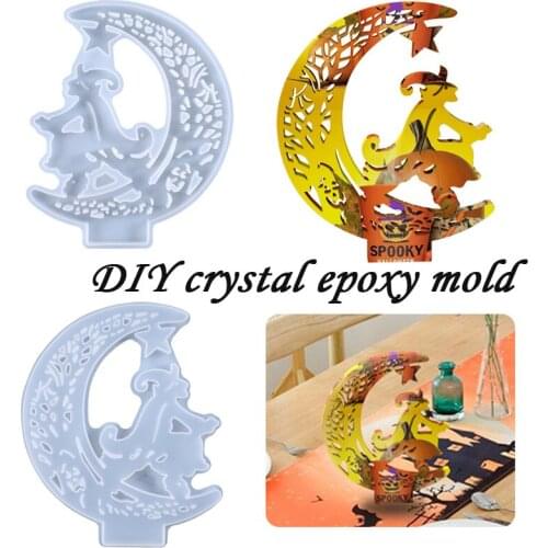 Witch Casting Silicone Mold Set Halloween Decoration Display Board Complete Mold Kit Witch Flys Across the Moon for DIY PAK5