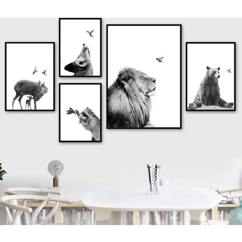 Wall Art Canvas Painting Cute Bear Koala Deer Fox Bird Black White Nordic Posters and Prints Wall Pictures for Living Room Decor