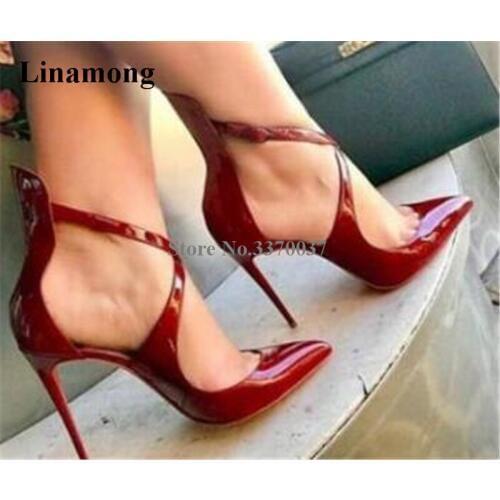 Women New Design Fashion Pointed Toe Stiletto Heel Pumps Strap Cross Patent Leather Thin Heel Red Black High Heels Dress Shoes
