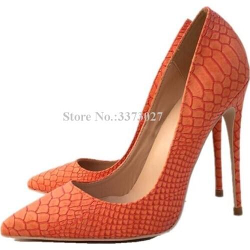 New Orange Color Snakeskin High Heels Shoes Woman Sexy Pointed Toe Stiletto Heel Leather Single Shoes Lady Large Size Pumps